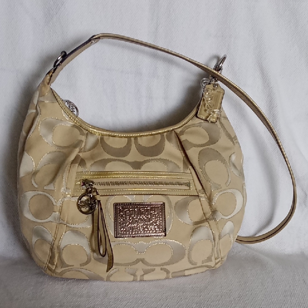 Coach Gold and Cream Shoulder Bag with Monogram Pattern